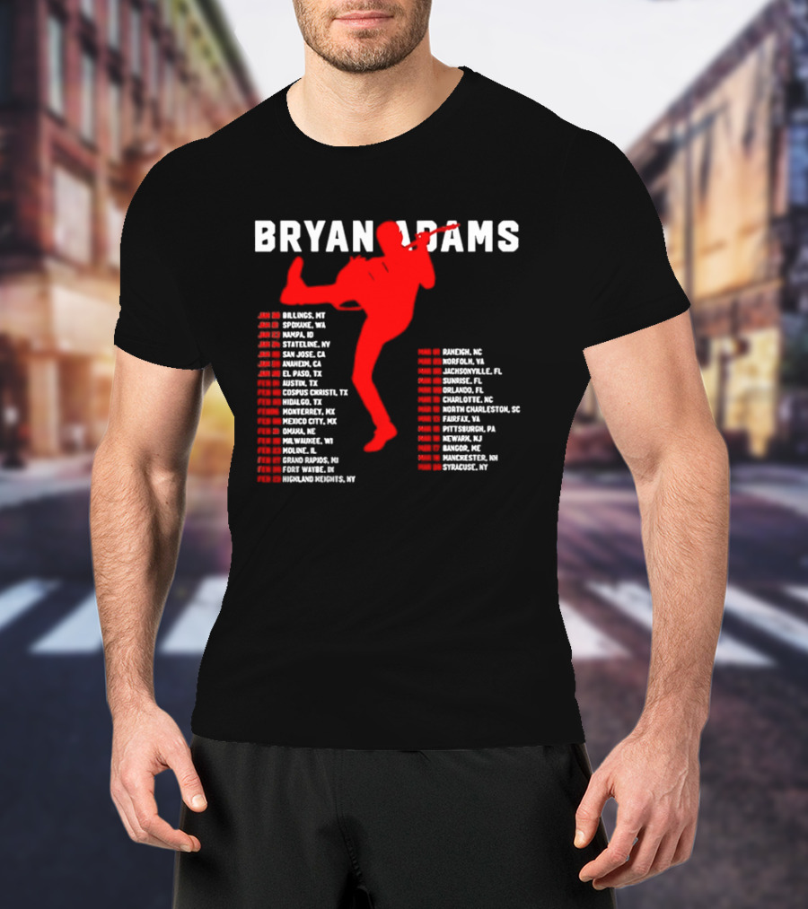 Bryan Adams Kicking Guitar With 2023 Tour Dates And Cities T-Shirt