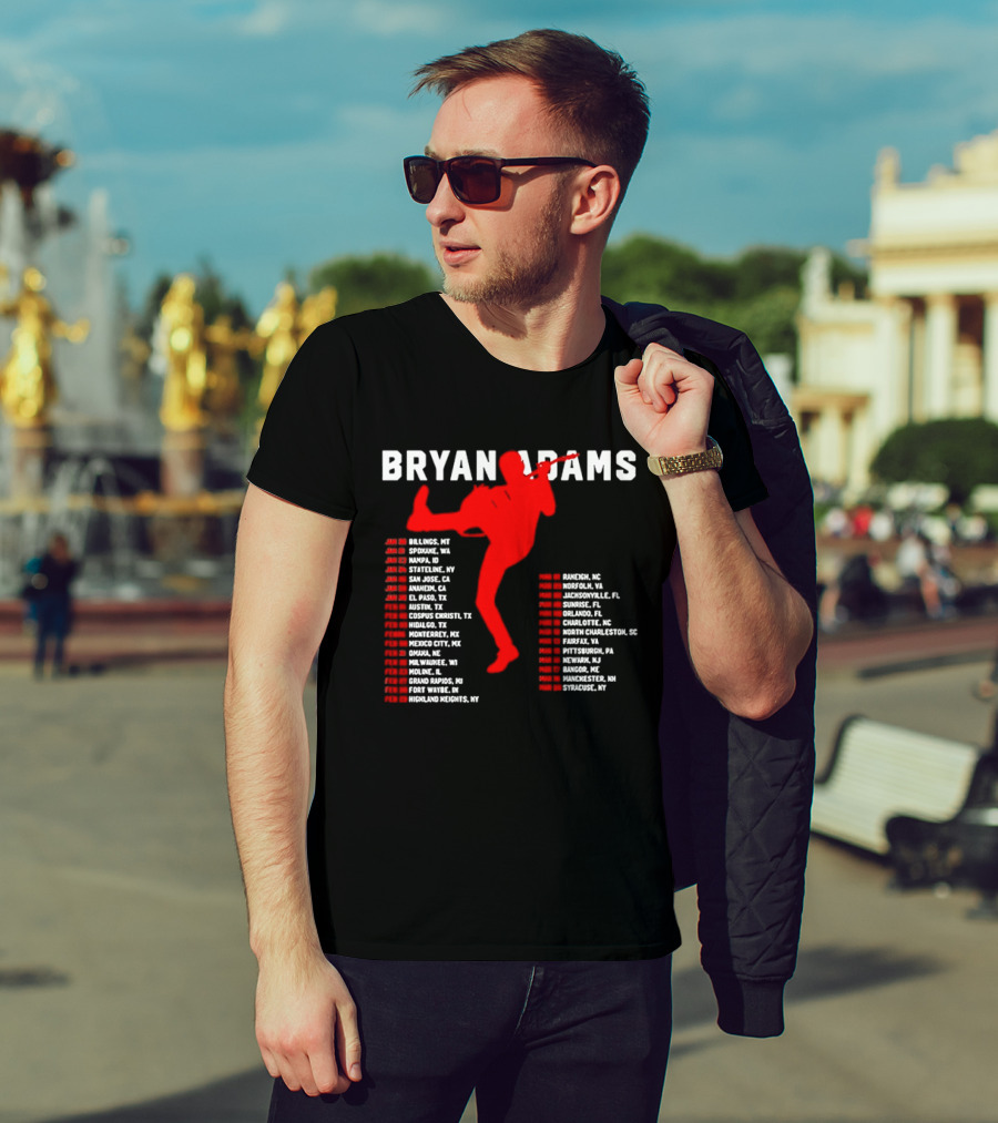 Bryan Adams Kicking Guitar With 2023 Tour Dates And Cities T-Shirt