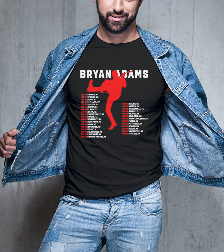 Bryan Adams Kicking Guitar With 2023 Tour Dates And Cities T-Shirt