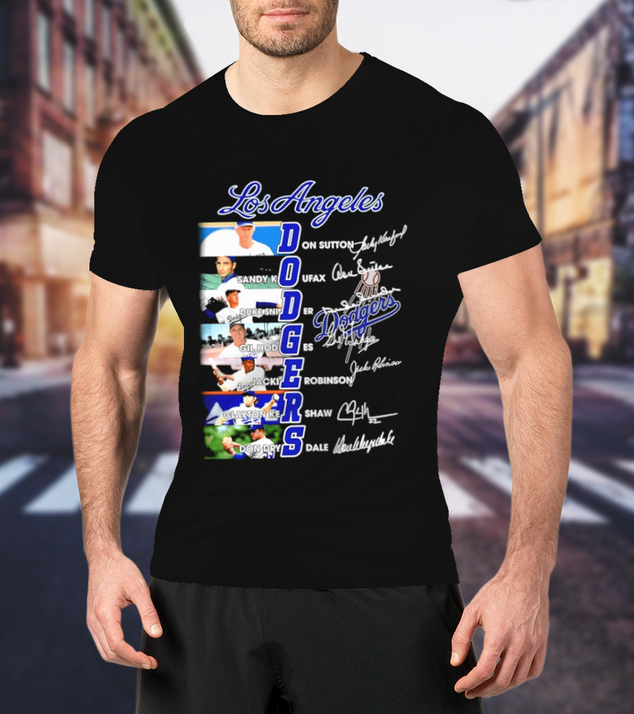 Los Angeles Dodgers Don Sutton Sandy Koufax Duke Snider Gil Hodges Jackie Robinson Clayton Kershaw Don Drysdale Signatures T-Shirt