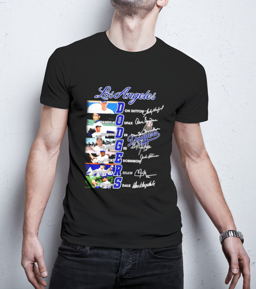 Los Angeles Dodgers Don Sutton Sandy Koufax Duke Snider Gil Hodges Jackie Robinson Clayton Kershaw Don Drysdale Signatures T-Shirt