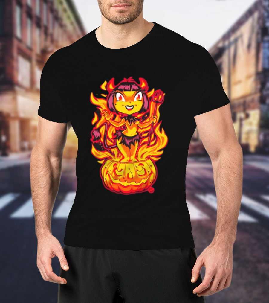 Devil Girl In Jack O' Lantern Halloween Flames With Pitchfork And Tail T-Shirt