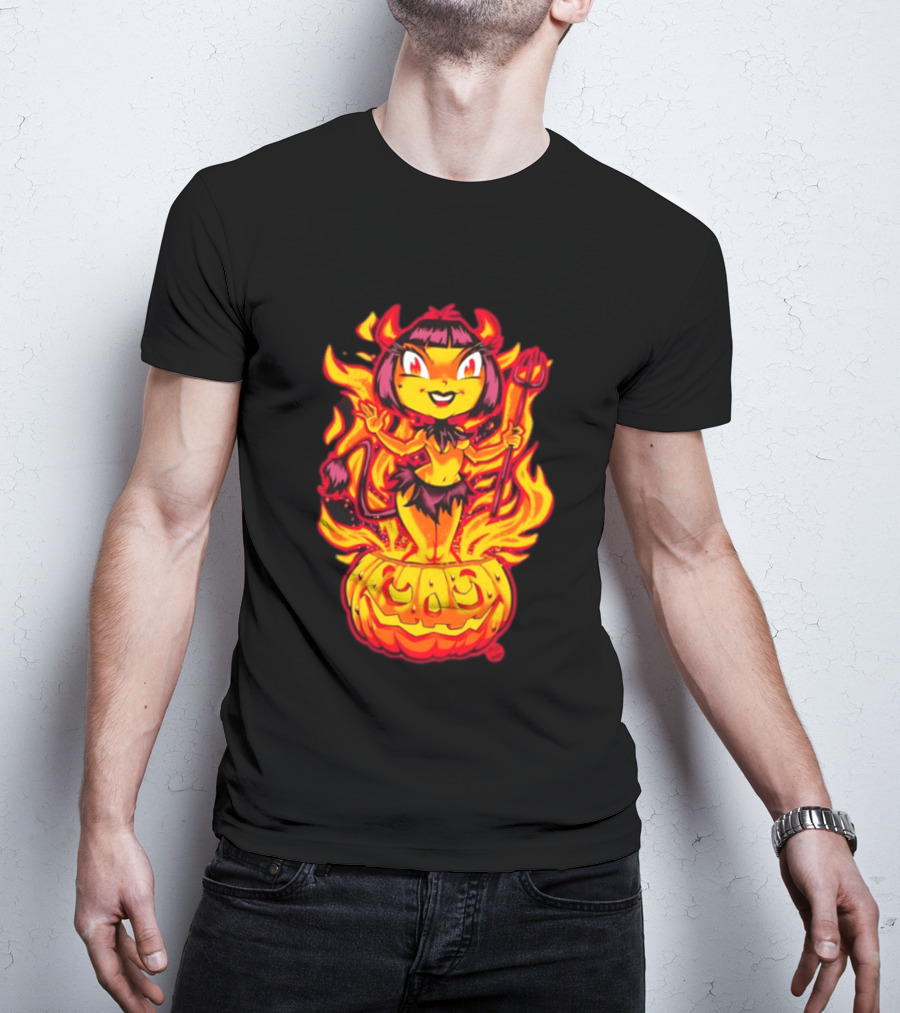 Devil Girl In Jack O' Lantern Halloween Flames With Pitchfork And Tail T-Shirt