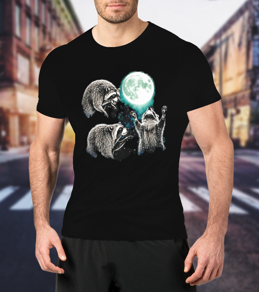 Jimothy Raccoon Moon Space Wolf Moon Trio Reaching For Full Moon T-Shirt