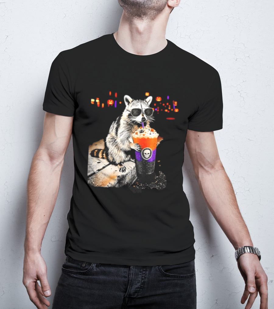 Raccoon With Sunglasses Enjoying Halloween Frappe With Skull Cup And Pumpkin T-Shirt