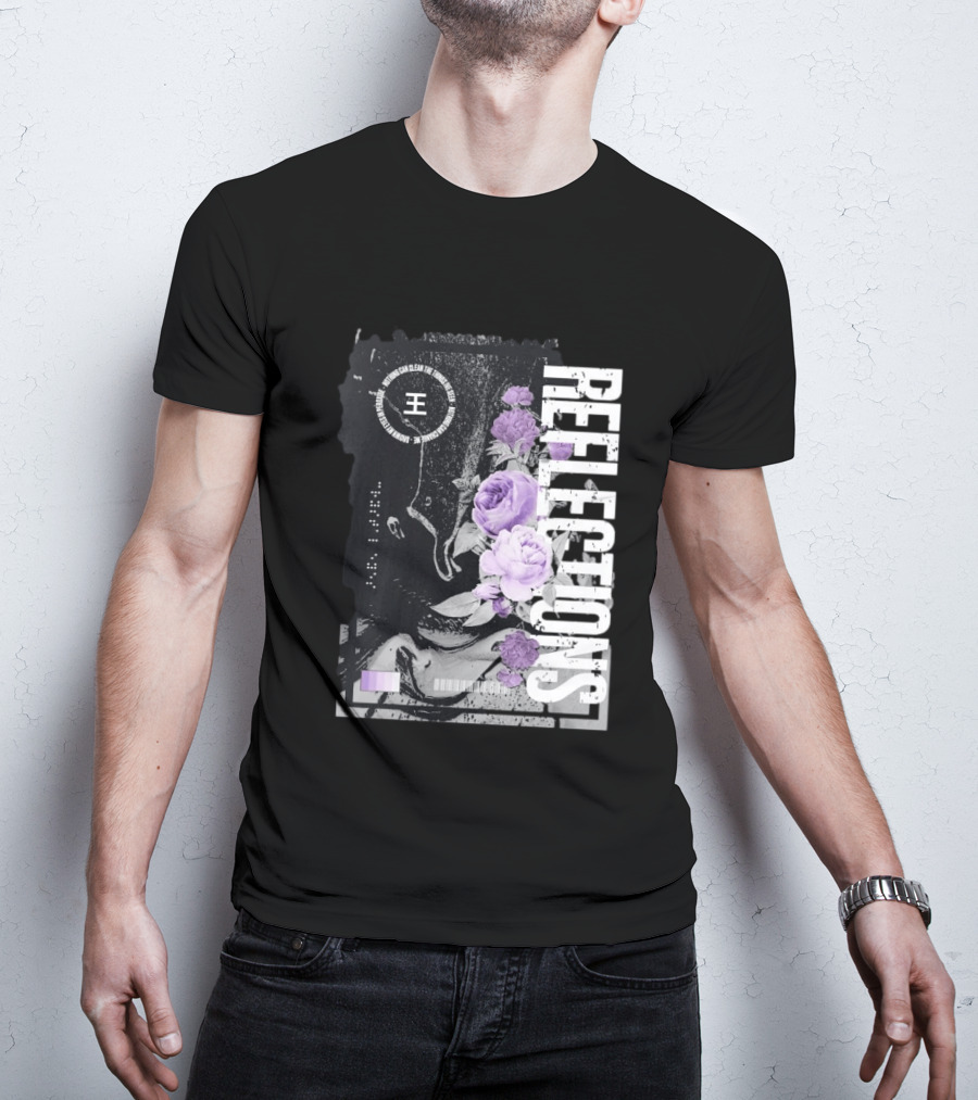 Reflections Peroxide Floral Typography With Purple Roses And Abstract Black And White T-Shirt