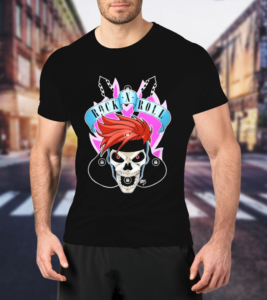 Rock X Roll Skull Electric Guitar Red Hair T-Shirt