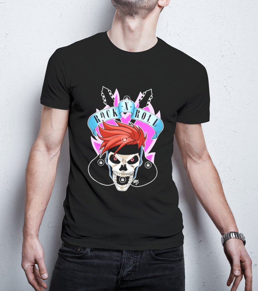 Rock X Roll Skull Electric Guitar Red Hair T-Shirt