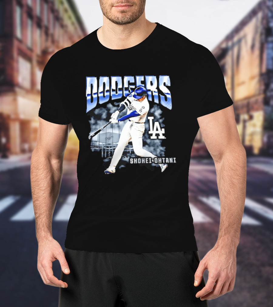 Shohei Ohtani Los Angeles Dodgers MLB Baseball Star Hitter Action Dodgers Stadium T-Shirt