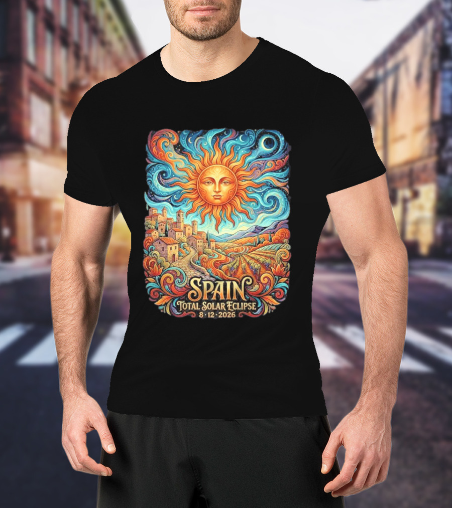 Spain Total Solar Eclipse 8 12 2026 Sun And Moon Celestial Village T-Shirt