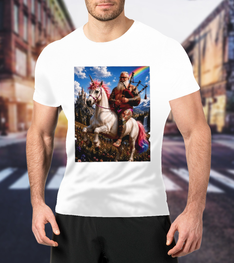 Bearded Scotsman Playing Bagpipes Riding A Rainbow Unicorn In Enchanted Castle Landscape T-Shirt