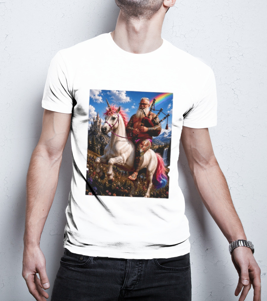 Bearded Scotsman Playing Bagpipes Riding A Rainbow Unicorn In Enchanted Castle Landscape T-Shirt