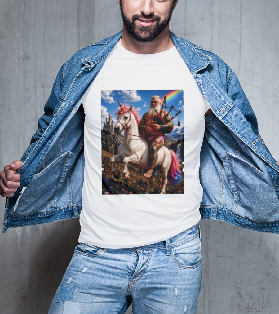 Bearded Scotsman Playing Bagpipes Riding A Rainbow Unicorn In Enchanted Castle Landscape T-Shirt