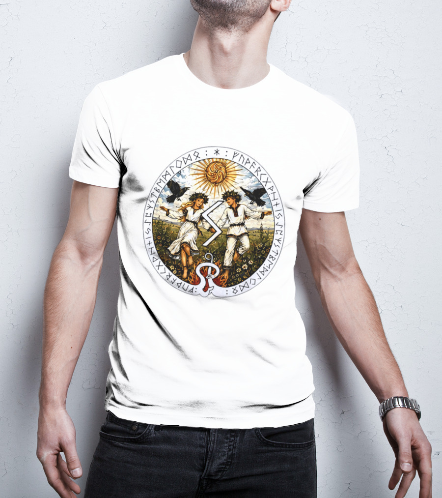 Seidr Sun Wheel Futhark Runes Pagan Folk Norse Mythology Ravens And Dancing Figures T-Shirt