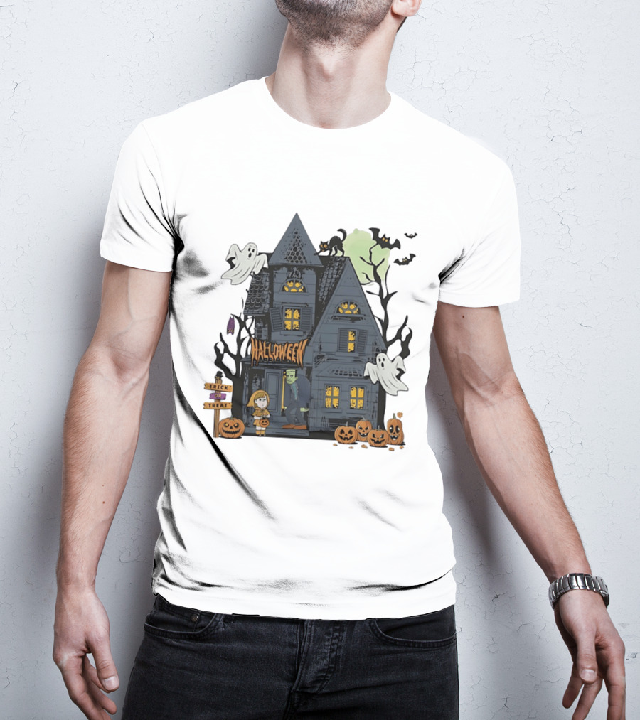 Halloween Haunted House With Frankenstein Trick Or Treat Ghosts And Pumpkins T-Shirt