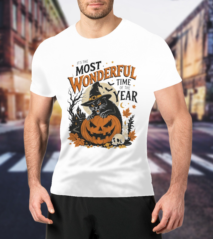 It's The Most Wonderful Time Of The Year Witch Cat And Pumpkin Halloween T-Shirt