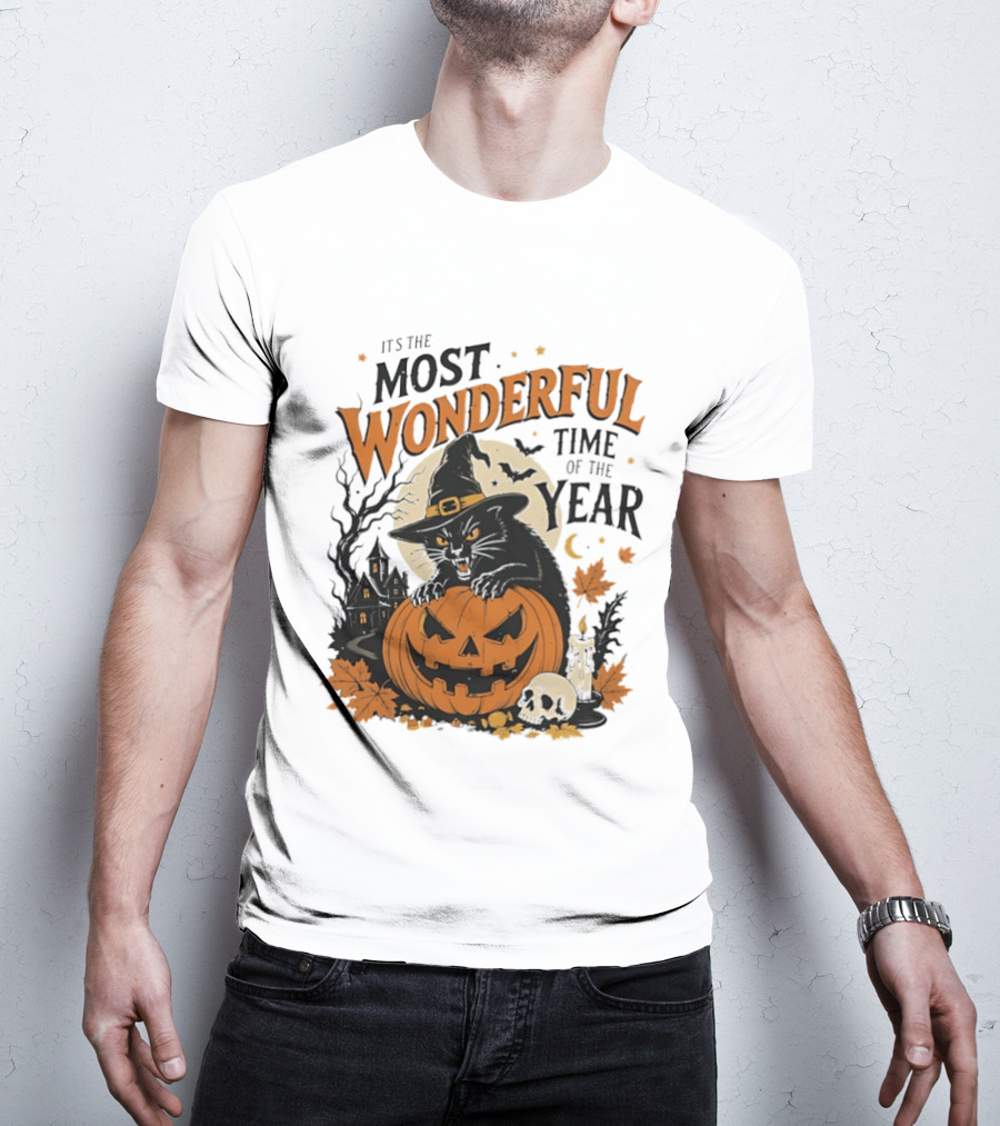 It's The Most Wonderful Time Of The Year Witch Cat And Pumpkin Halloween T-Shirt