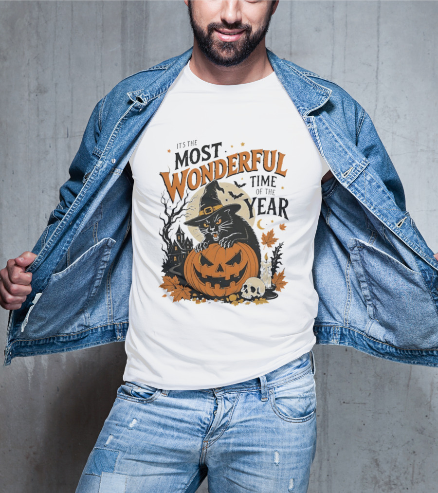 It's The Most Wonderful Time Of The Year Witch Cat And Pumpkin Halloween T-Shirt