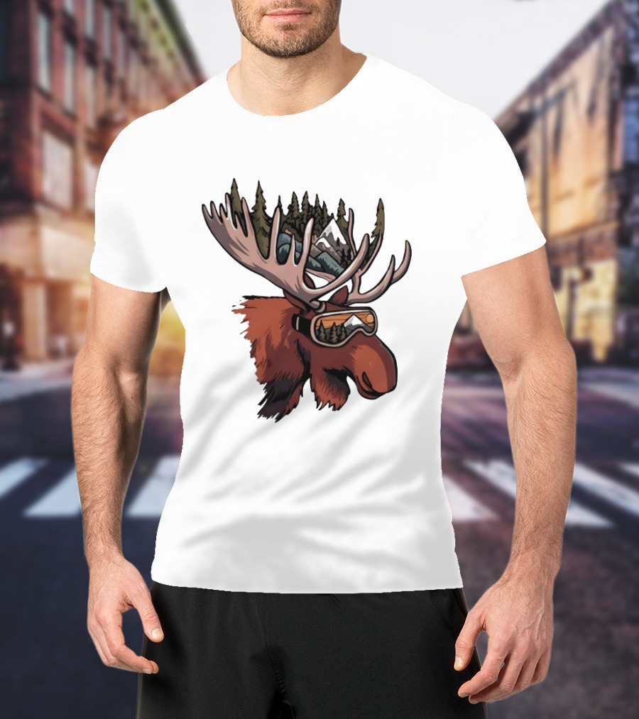 Moose With Ski Goggles And Mountain Forest Antlers Adventure Scene T-Shirt