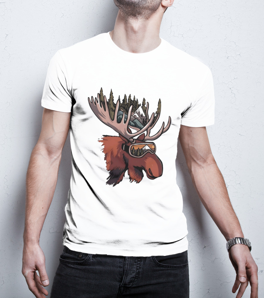 Moose With Ski Goggles And Mountain Forest Antlers Adventure Scene T-Shirt