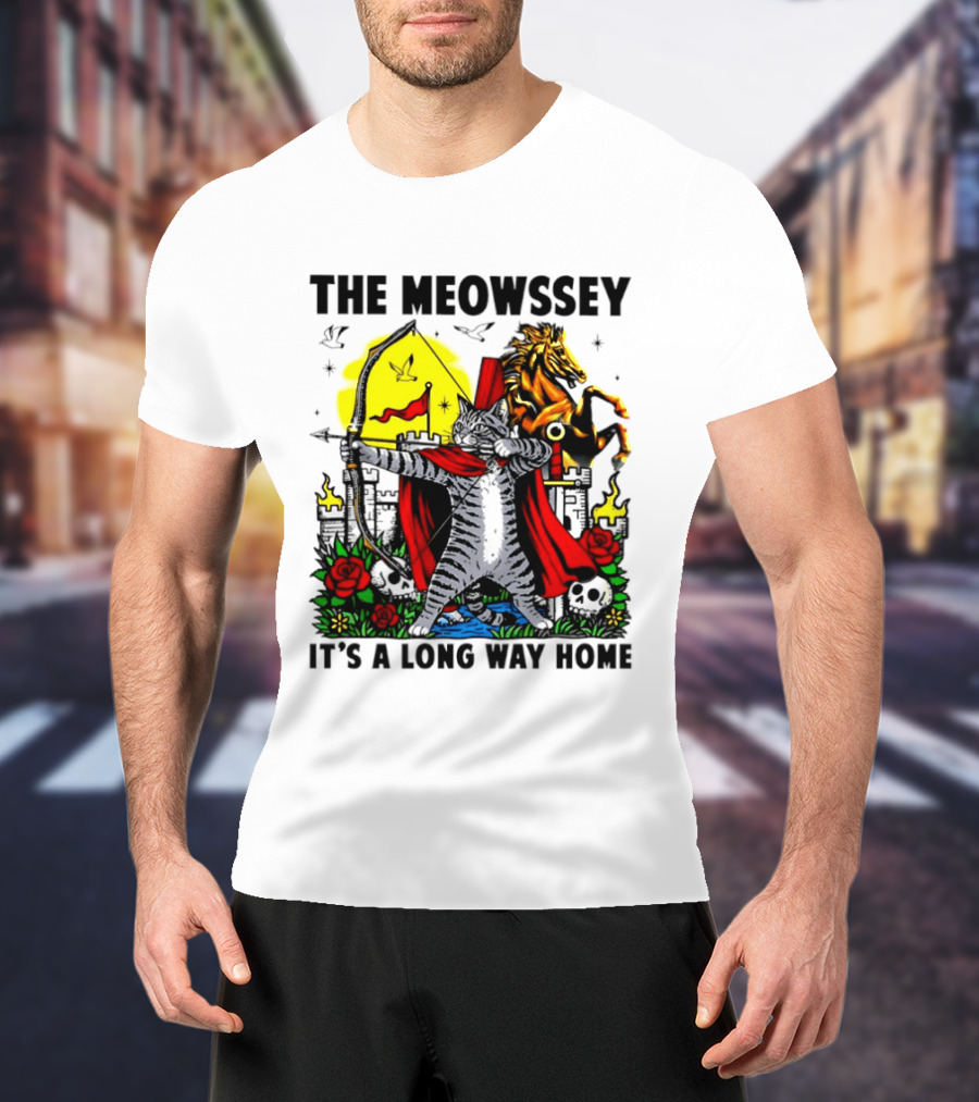 The Meowssey It's A Long Way Home Cat Archer With Red Cape And Horse T-Shirt