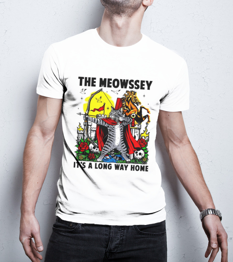 The Meowssey It's A Long Way Home Cat Archer With Red Cape And Horse T-Shirt