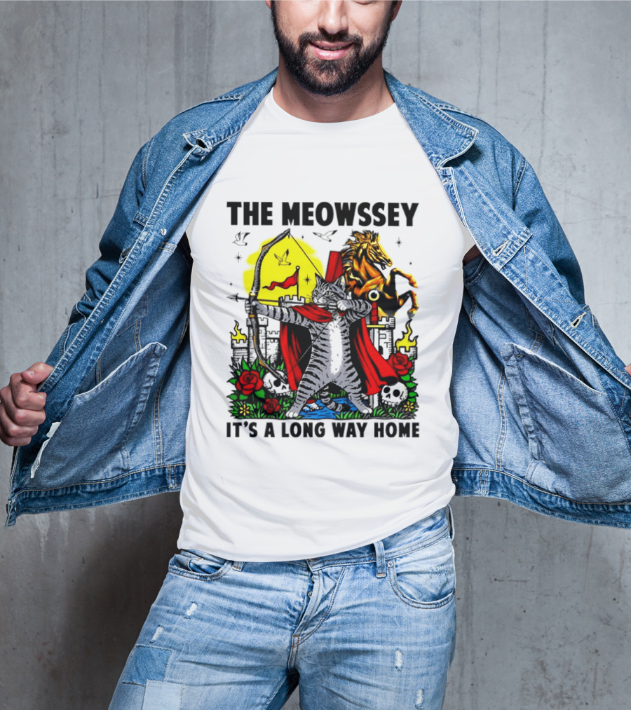 The Meowssey It's A Long Way Home Cat Archer With Red Cape And Horse T-Shirt
