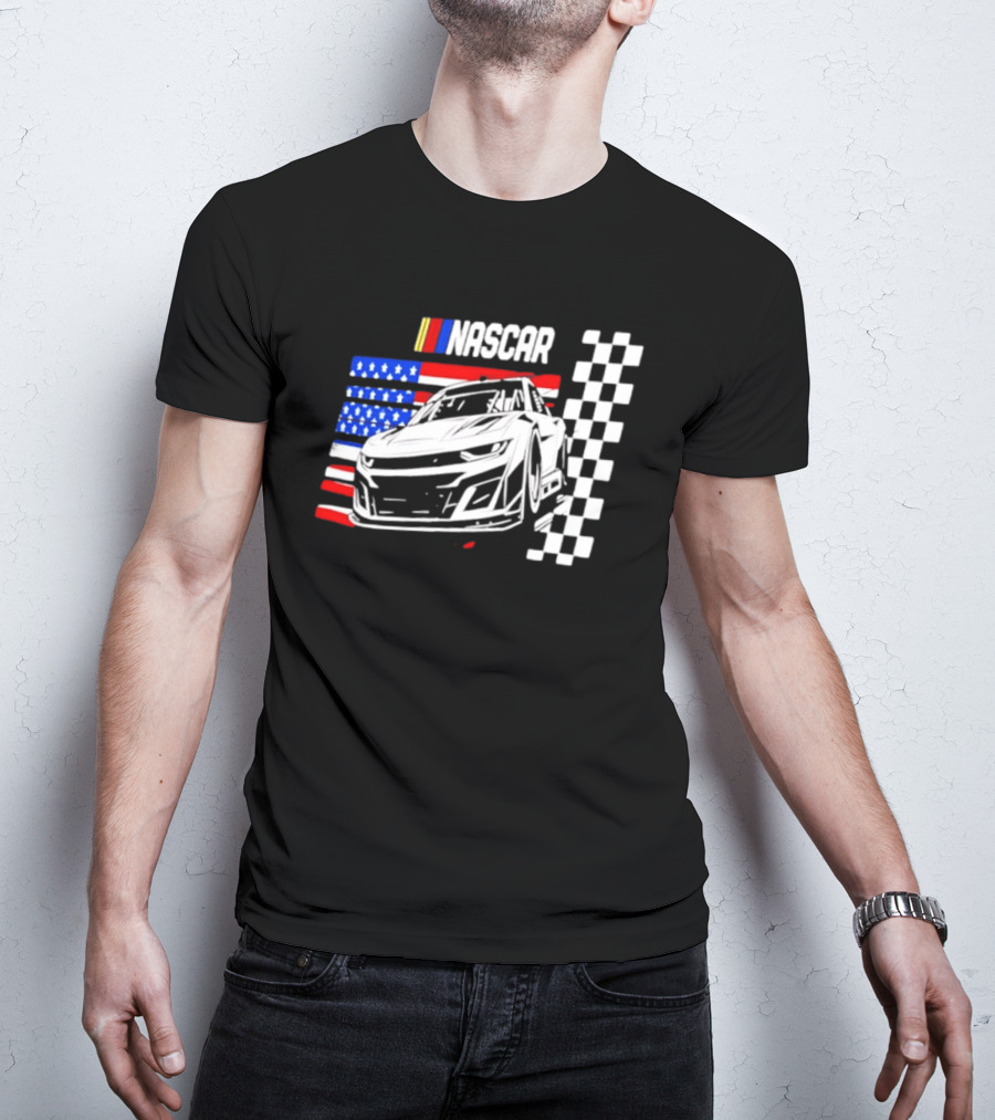 Nascar Race Car American Flag Checkered Flag T-Shirt