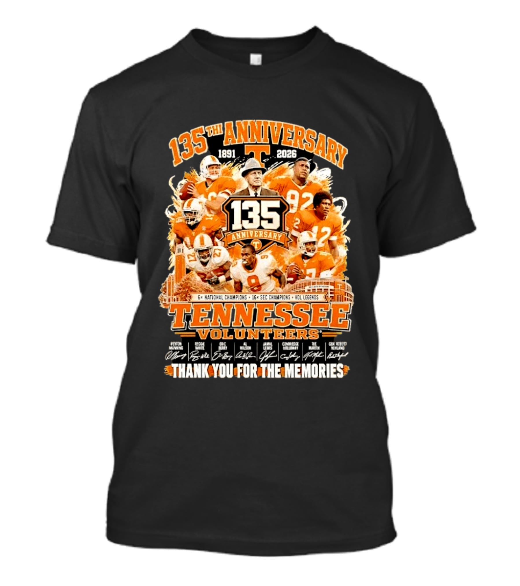 135th Anniversary Tennessee Volunteers Vol Legends Peyton Manning Reggie White National SEC Champions 1891 2026 Thank You For The Memories T-Shirt