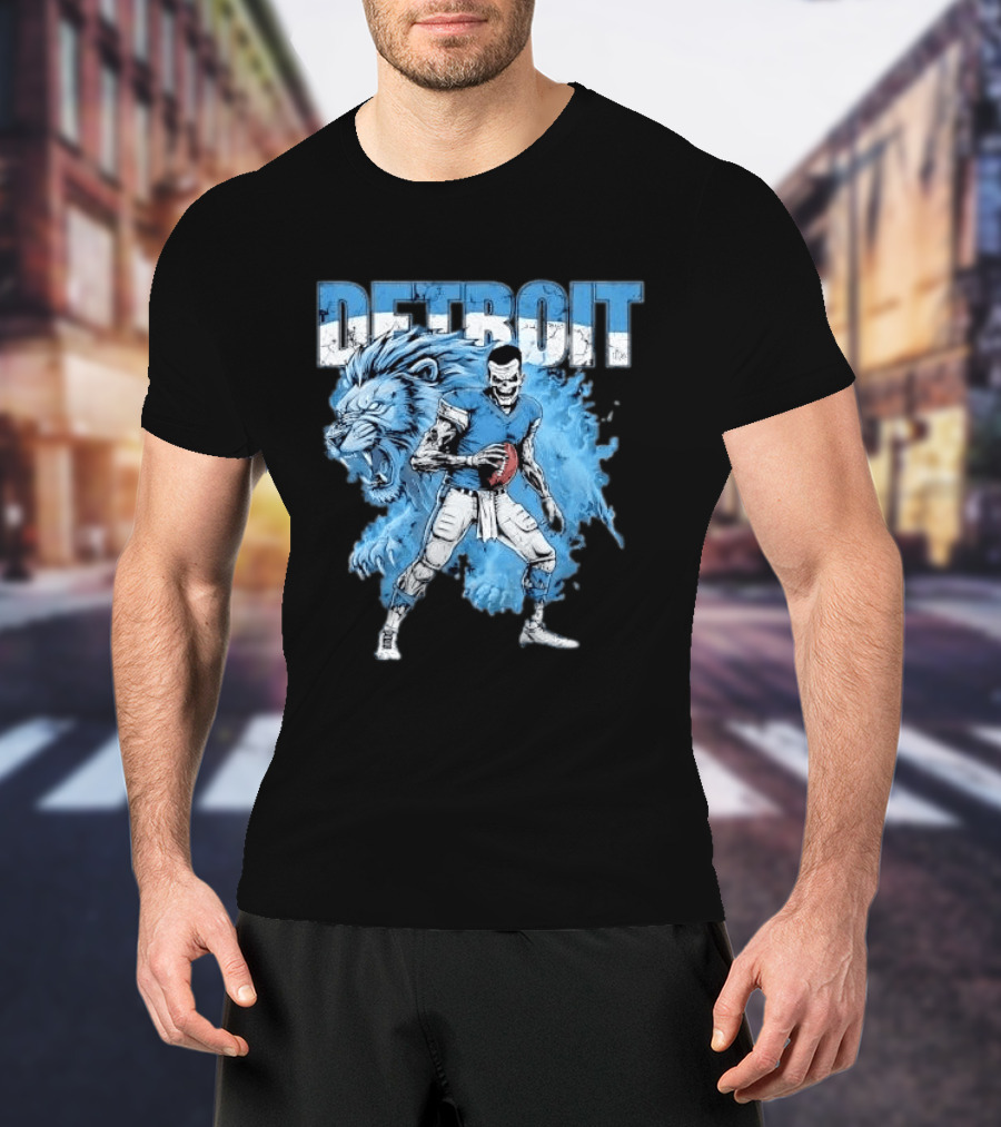 Detroit Lions Zombie Quarterback With Football And Fierce Lion T-Shirt
