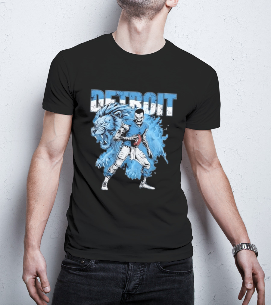 Detroit Lions Zombie Quarterback With Football And Fierce Lion T-Shirt