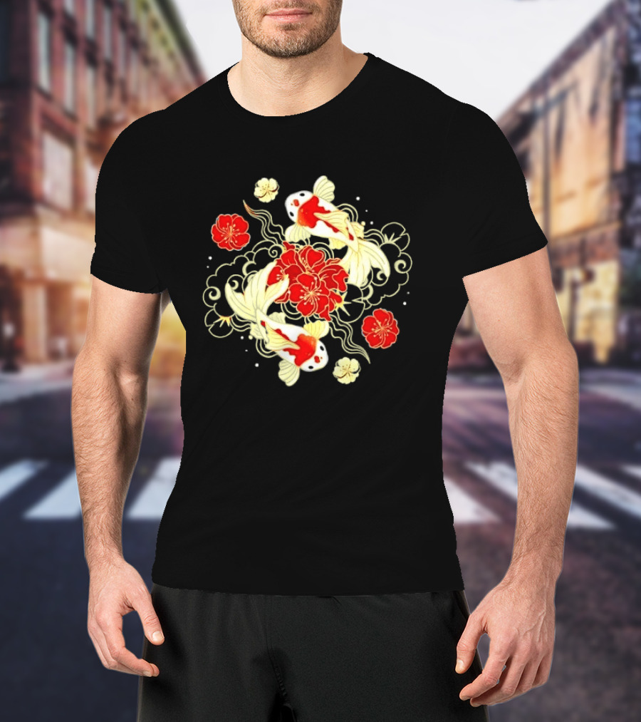 Koi Fish With Red And White Japanese Flowers T-Shirt