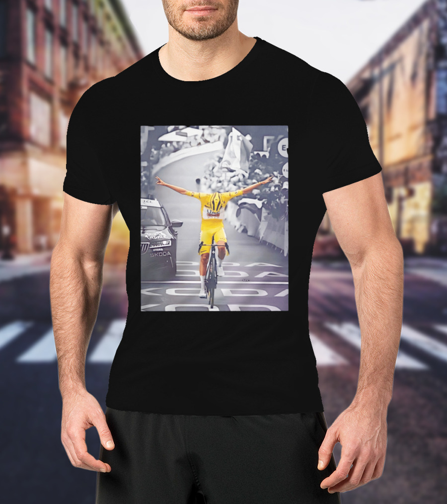 Tadej Pogacar Victory Moment Tour De France Skoda UCL Cyclist In Yellow Jersey T-Shirt