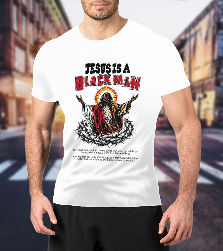 Jesus Is A Black Man Head And Hairs White Wool Snow Eyes Flame Fire T-Shirt