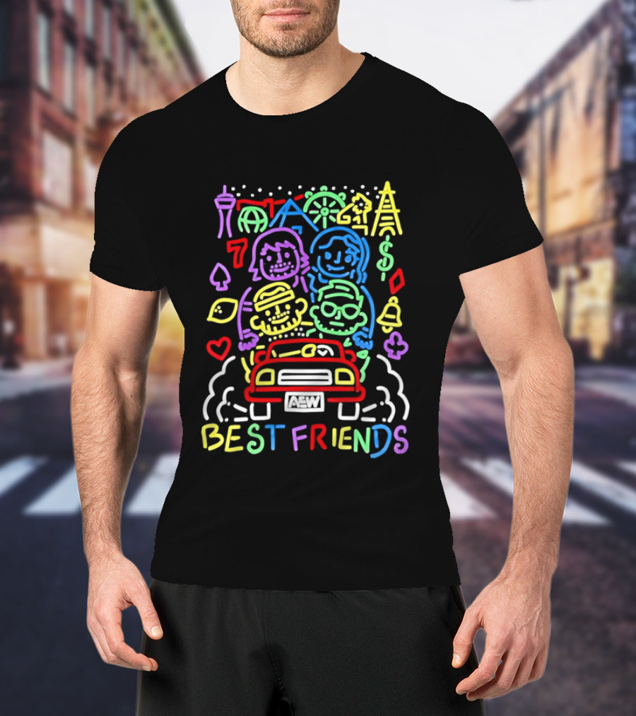 Best Friends AEW Neon Road Trip With Casino Icons And Landmarks T-Shirt