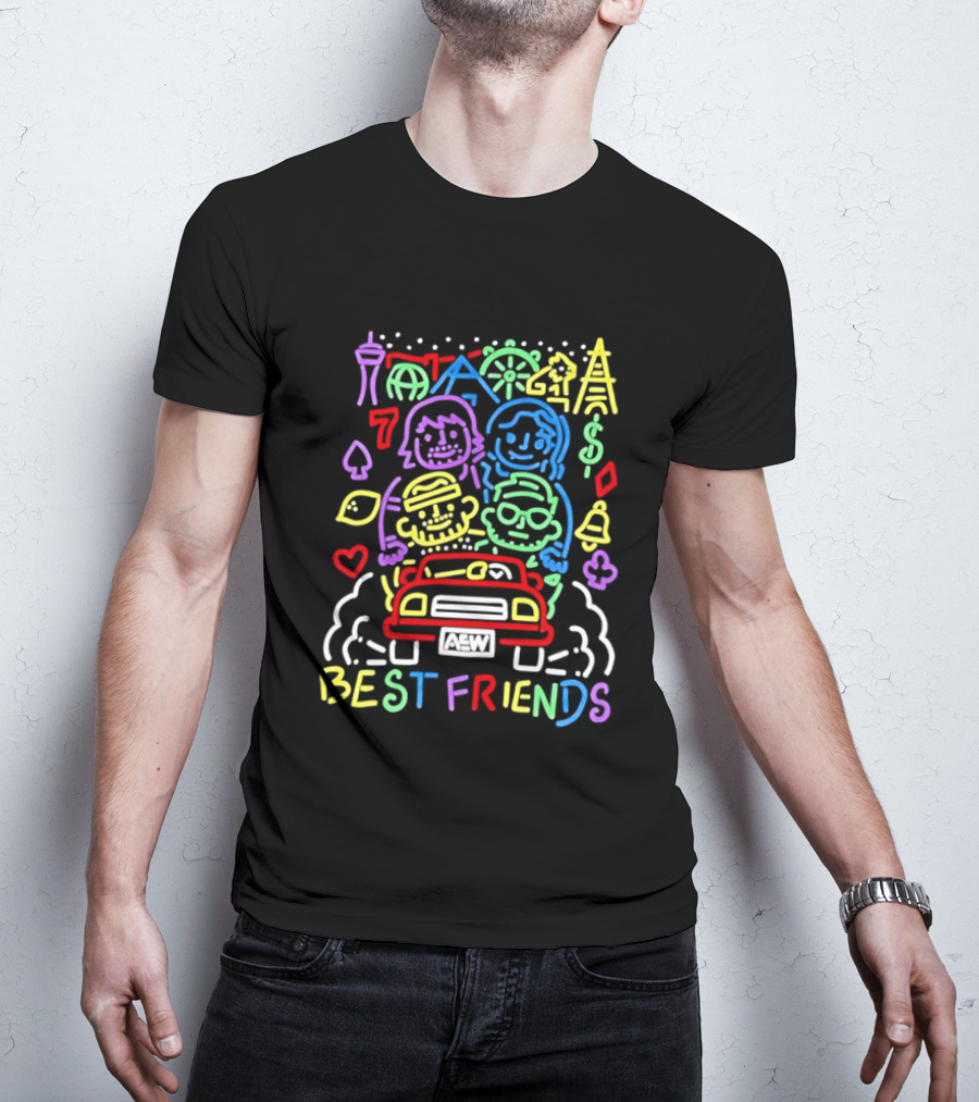 Best Friends AEW Neon Road Trip With Casino Icons And Landmarks T-Shirt