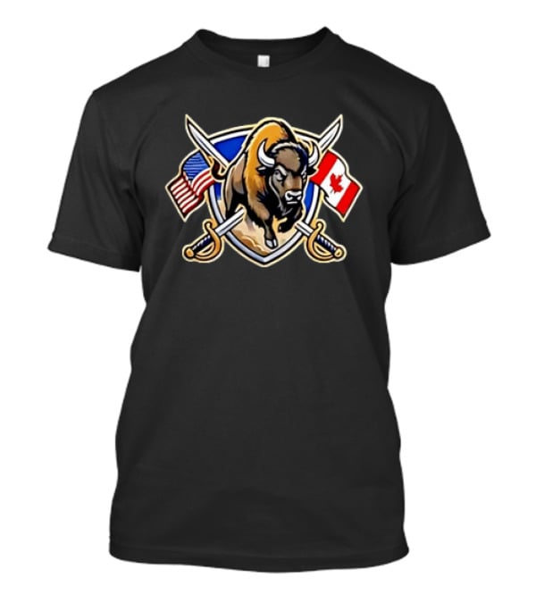 Buffalo Bison US Canada Flags North American Crossed Sabers T-Shirt