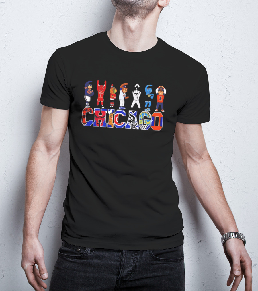 Chicago Bears Bulls Blackhawks Cubs White Sox Mascots Basketball Logos T-Shirt