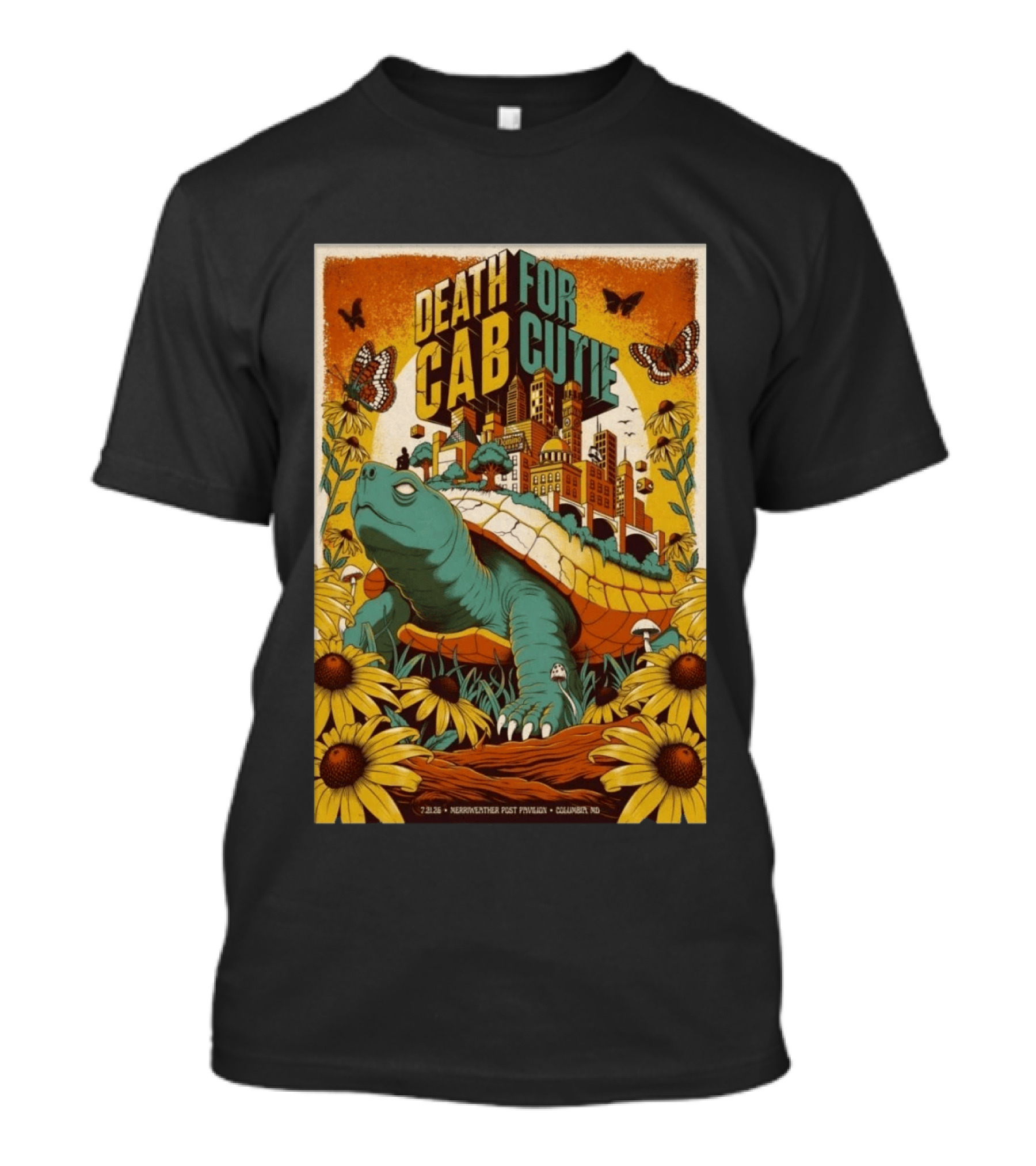 Death Cab For Cutie Merriweather Post Pavilion 7 21 2026 Columbia MD Art Butterflies Turtle Sunflowers T-Shirt