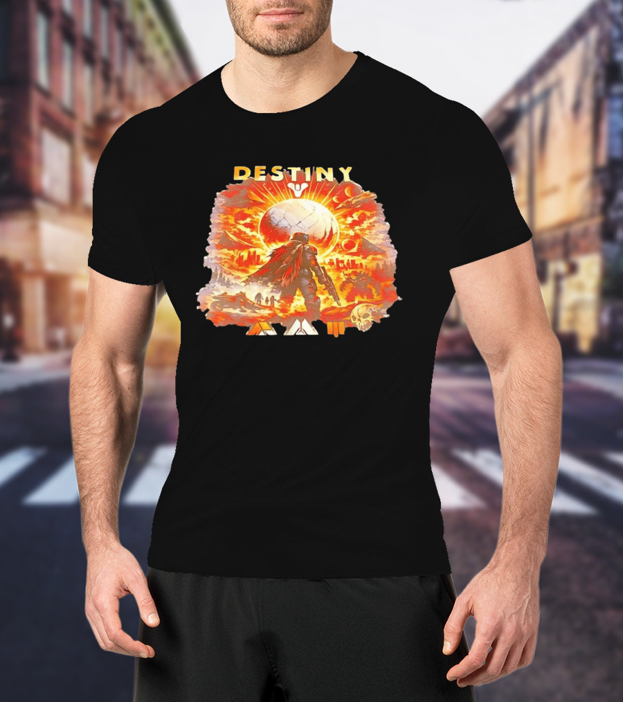 Destiny 3 Guardian Fireteam Solar Battle Scene With Traveler Sky Planet And Skull T-Shirt