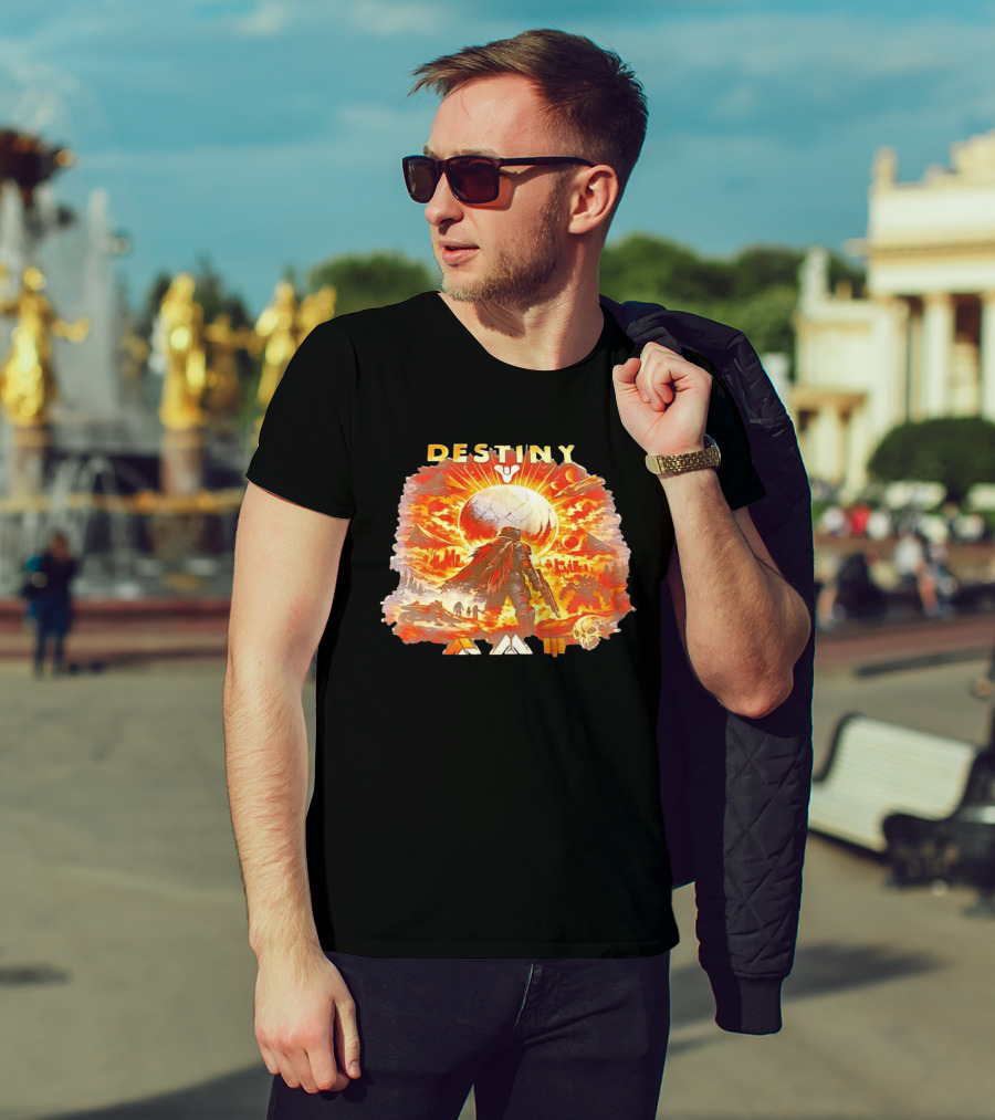 Destiny 3 Guardian Fireteam Solar Battle Scene With Traveler Sky Planet And Skull T-Shirt
