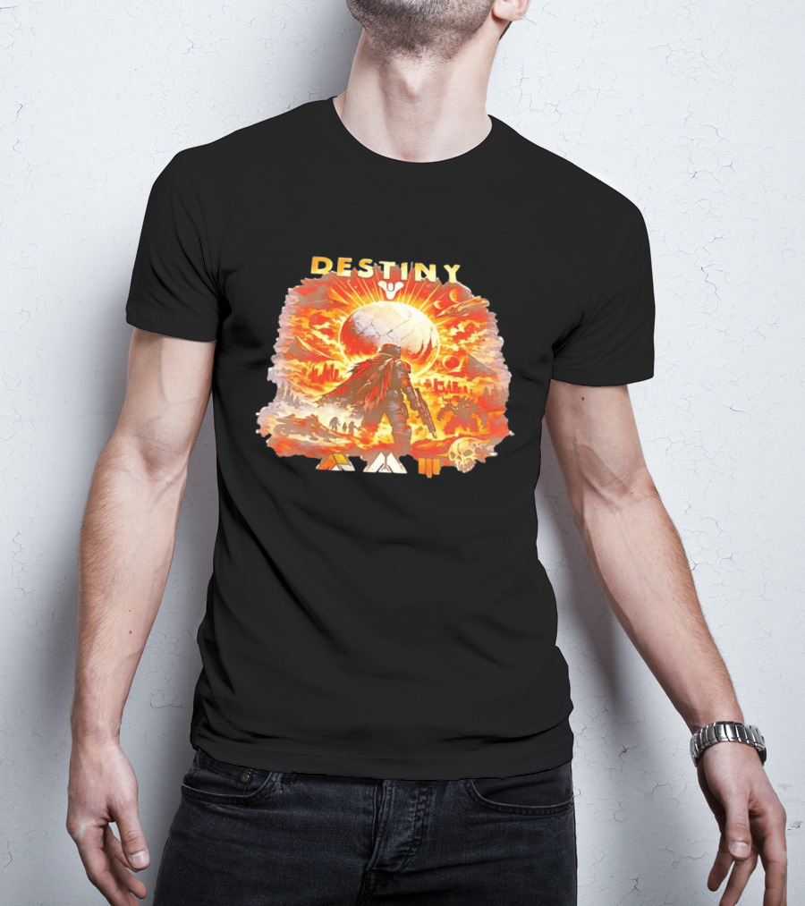Destiny 3 Guardian Fireteam Solar Battle Scene With Traveler Sky Planet And Skull T-Shirt