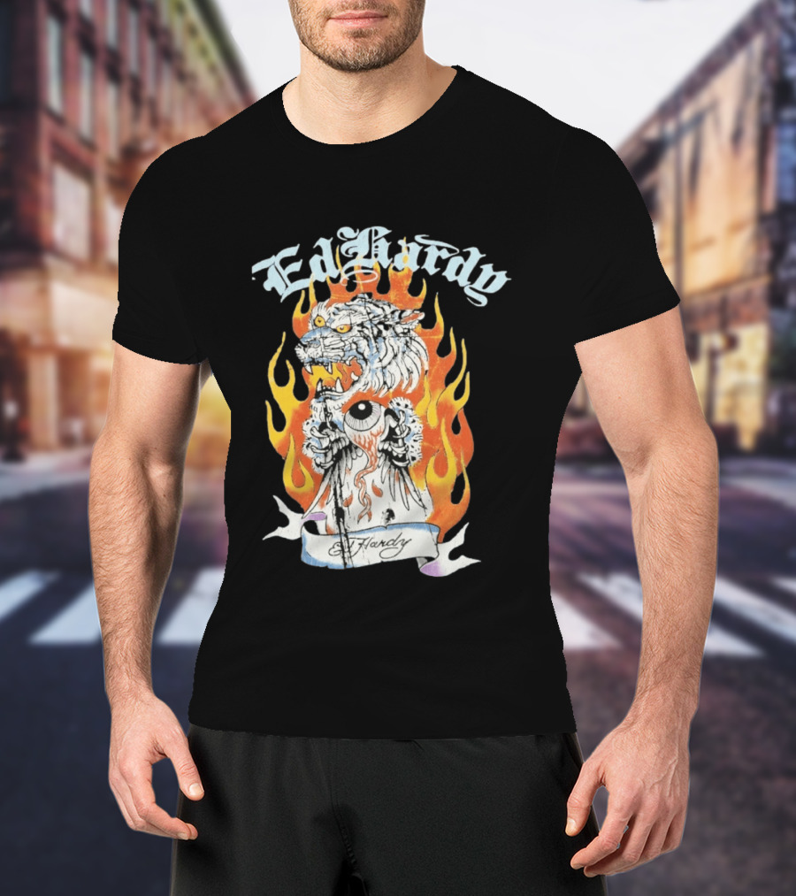 Ed Hardy Flaming Tiger Eyeball Flame Tattoo T-Shirt