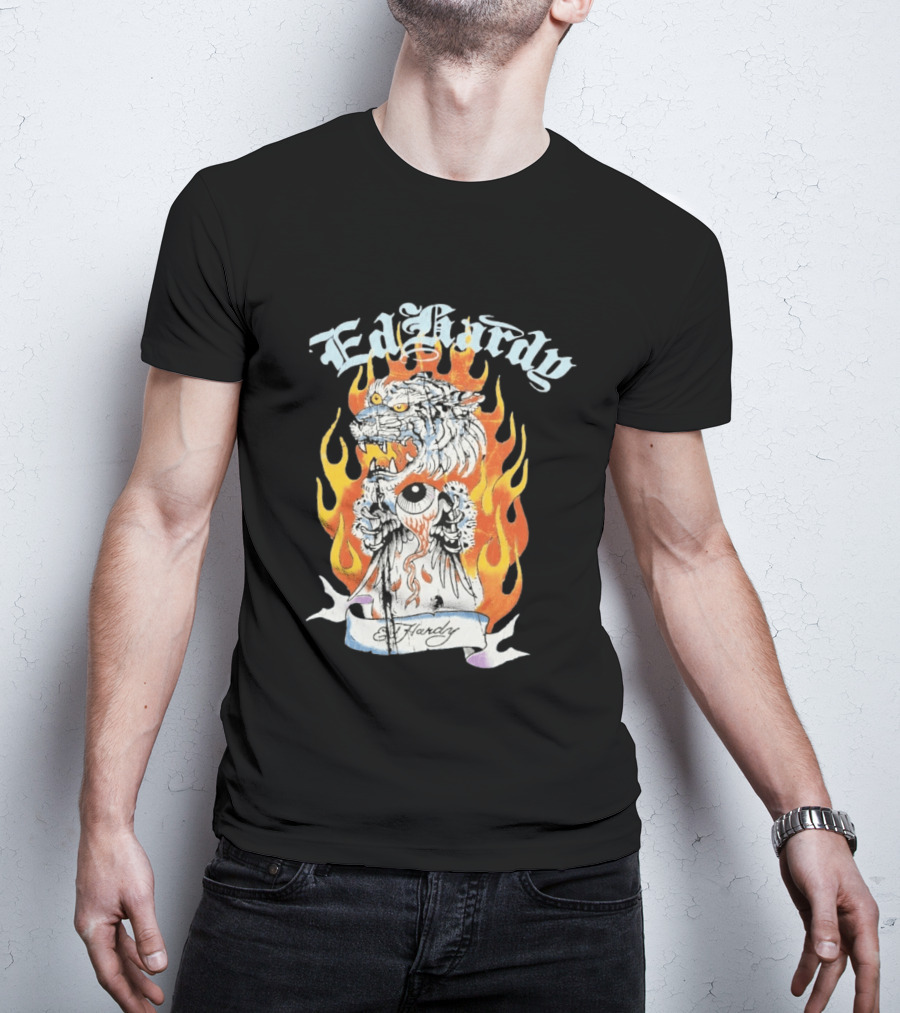 Ed Hardy Flaming Tiger Eyeball Flame Tattoo T-Shirt