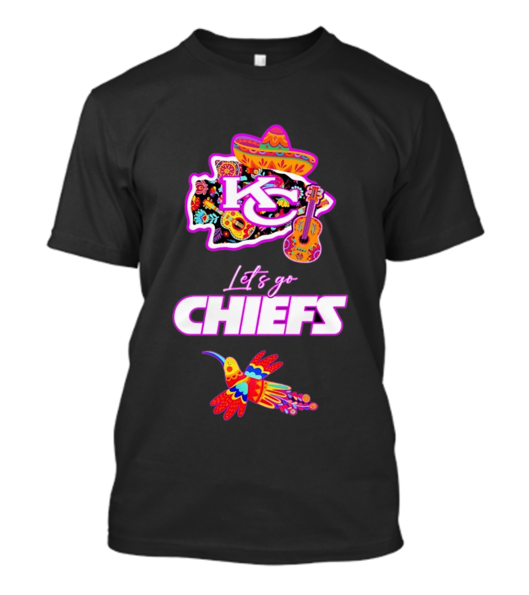 Kansas City Chiefs Let's Go Chiefs Fiesta Hispanic Heritage Mexican Folk KC Sombrero Guitar Hummingbird T-Shirt