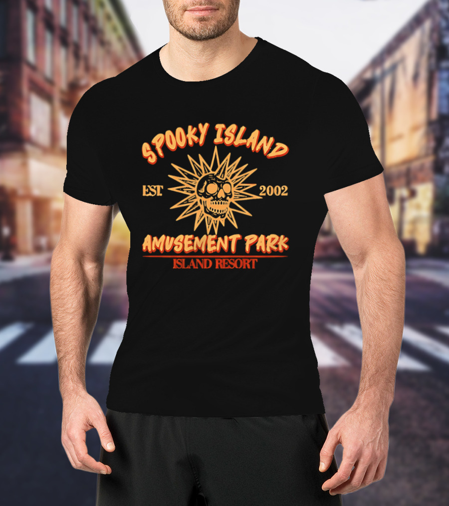Spooky Island Amusement Park Est 2002 Island Resort Skull Sunburst T-Shirt