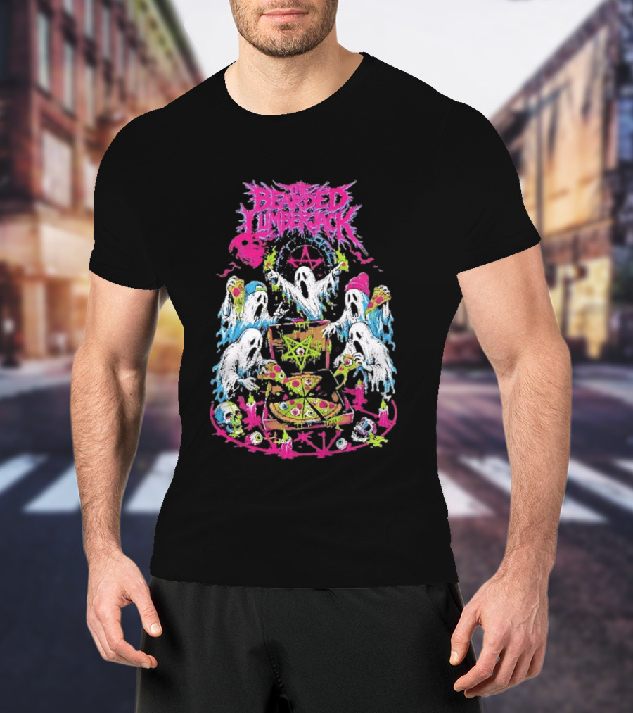 The Bearded Lumberjack Ghosts Enjoying Pizza With Pentagram T-Shirt