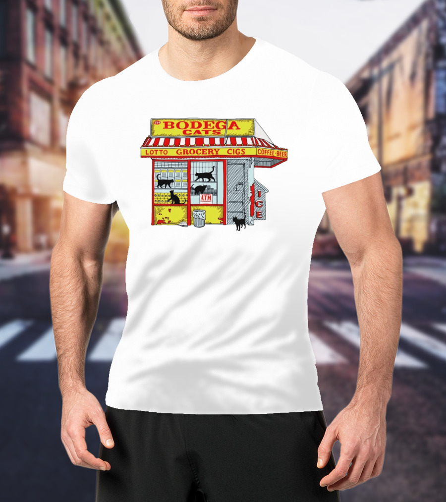 Bodega Cats Grocery Cigs Lotto Coffee Beer Ice ATM T-Shirt
