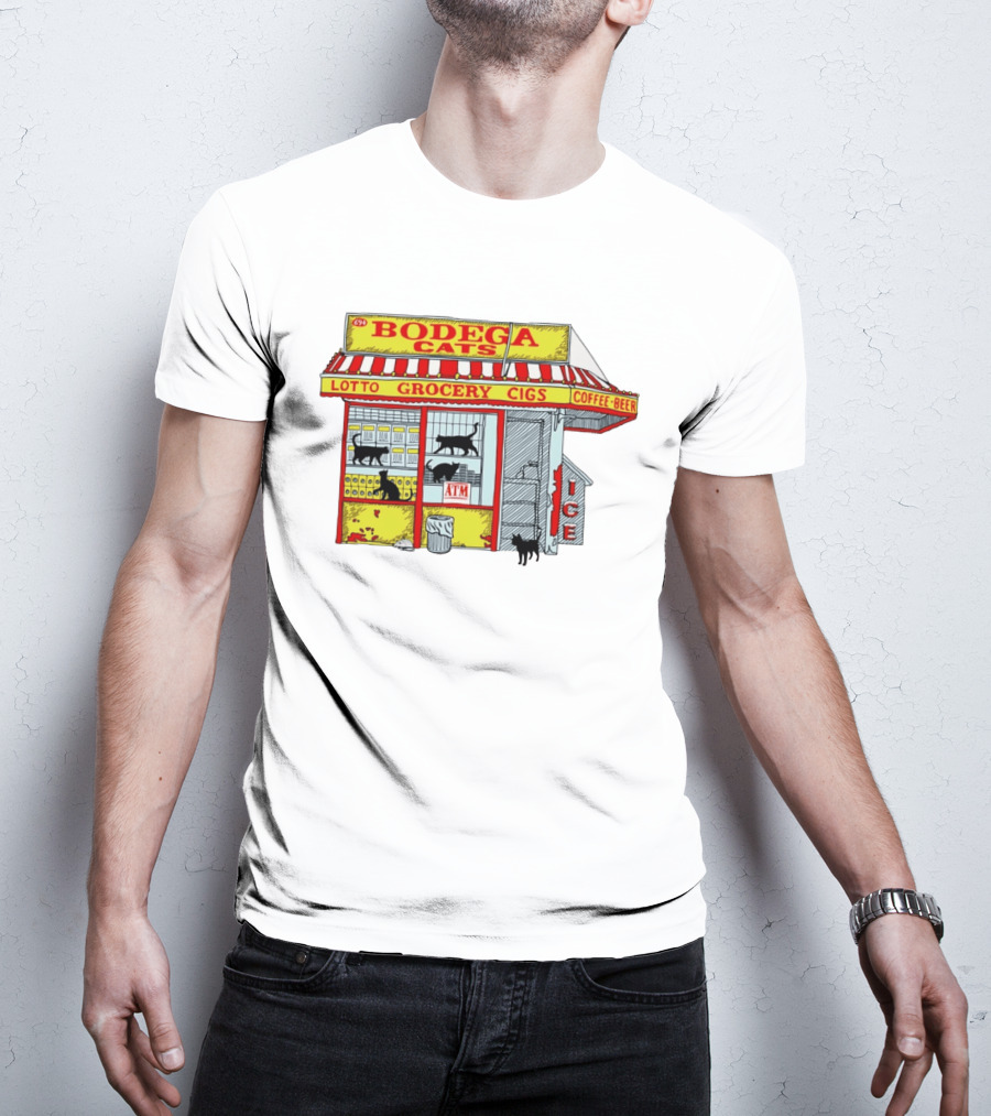 Bodega Cats Grocery Cigs Lotto Coffee Beer Ice ATM T-Shirt