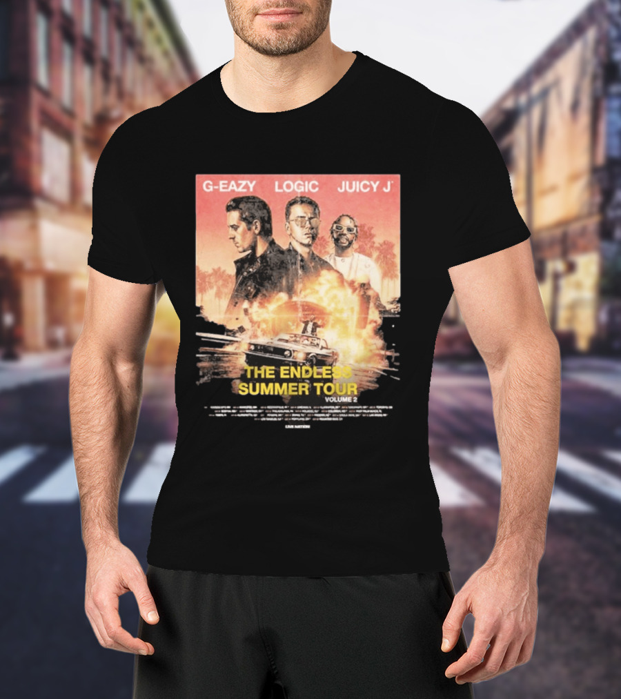 G Eazy Logic Juicy J The Endless Summer Tour Volume 2 2026 Retro Car Palm Trees T-Shirt